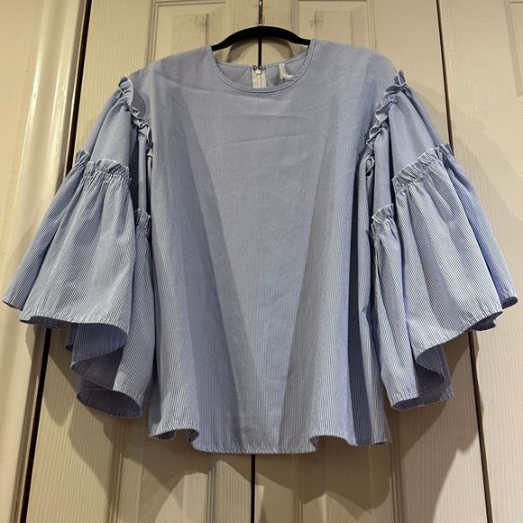 dRA Los Angeles Blue & White Striped Statement Ruffle Bell Sleeve Blouse Anthro - Picture 3 of 12